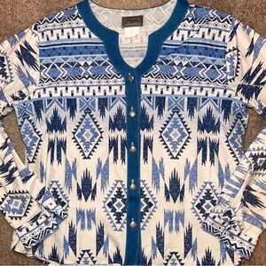 Vintage‎ Roper Western Aztec Pearl Snap Shirt Blue White USA Southwestern L